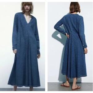 Zara The Tilda Denim Cotton Maxi Dress Small Raw Hem Long Sleeves Patchwork